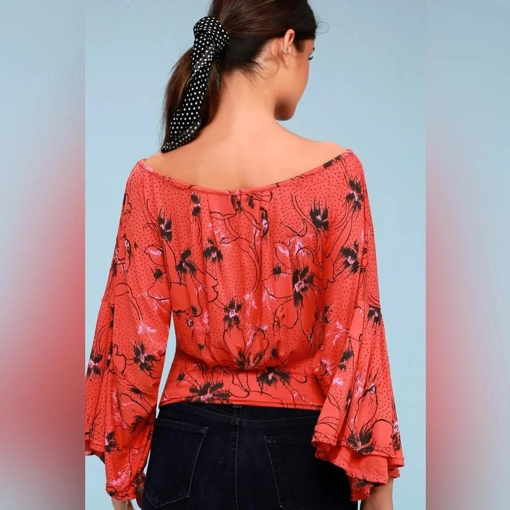 Free People Last Time Orange‎ Print Surplice Bell Sleeve Crop Top-size M NWT